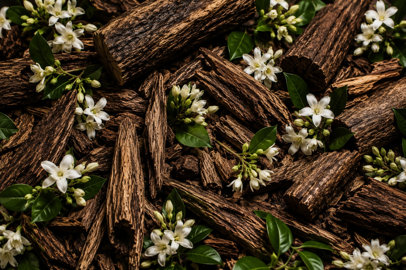 Madera de oud con flores blancas – Esencia Oud Wood